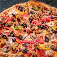 Combination · House cheese blend, pepperoni, Italian sausage, mushrooms, olives, peppers, onions, and trad...