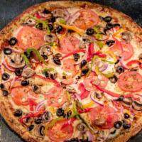 Veggie · House cheese blend, pepperoni, Italian sausage, mushrooms, olives, peppers, onions, and trad...