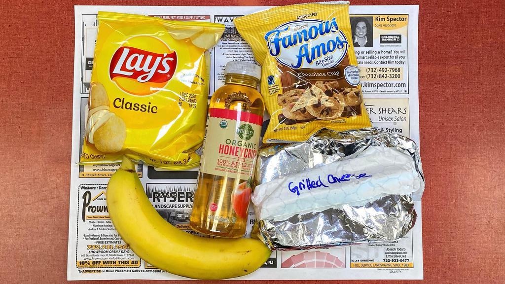 Grilled Cheese School Lunch · Comes with chips, bag of chocolate chip cookies, choice of fruit and choice of beverage.