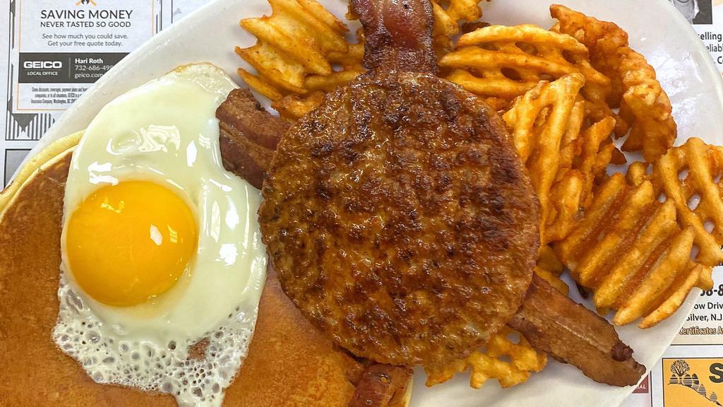 One Egg Any Style, One Pancake, One Sausage Patty, Two Strips Of Bacon · 