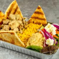 American Choice Special Platter · Grilled Chicken, Rice, Hummus, Green Olive, Mixed Greens, Feta Cheese with pita bread.