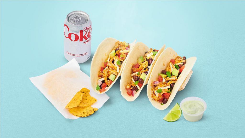 Taco Combo · Includes 1 order of Tacos, tortilla chips + choice of dip, choice of canned beverage. 720-940 cal.