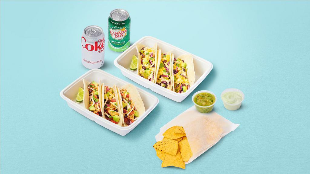 Tacos For Two With Chips + Dips · Includes 2 orders of Tacos, tortilla chips + choice of dip, choice of 2 canned beverages. 720-940 cal per person.