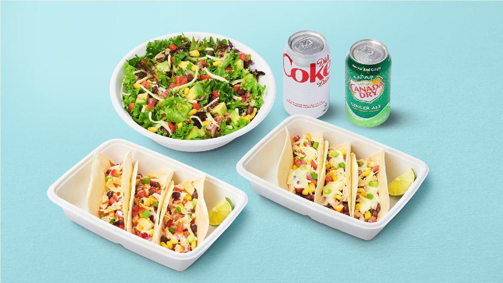 Tacos For Two With Salad · Includes 2 orders of Tacos, choice of Freshii signature salad, choice of 2 canned beverages. 740-1010 cal per person.