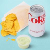 Chips, Dip + Drink · Tortilla Chips + choice of housemade dip + choice of canned beverage.