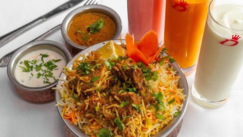 Goat Dum Biryani · Goat cooked in basmati rice with special herbs and spices.