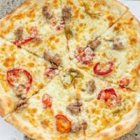 Sweet & Spicy Pizza · Pinched sausage, sautéed onions, cherry peppers, mozzarella honey drizzle.