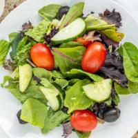House Salad · Mixed greens, tomatoes, cucumbers, black olives, and house dressing.