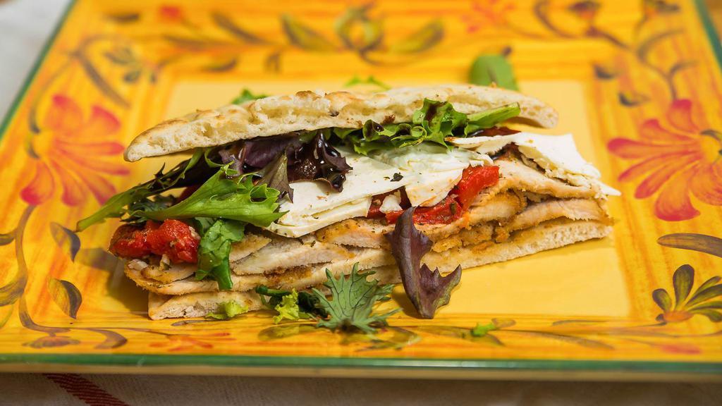 The Nissan Sandwich · Grilled chicken, field greens, roasted red peppers, fresh Mozzarella with a balsamic glaze. Includes a pickle and a side salad.