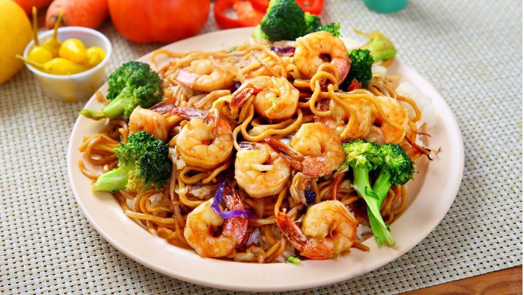 Shrimp Lo Mein Platter · Served with egg roll and roast pork fried rice.