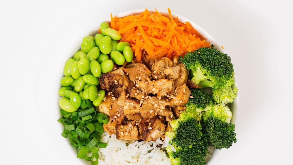 Southeast Bowl · Your choice of rice and protein served with broccoli, edamame, shredded carrots, scallions, sesame seeds, and a side of Asian viniagrette.