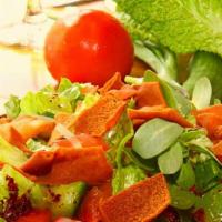 Fattoosh Salad · Vegetarian, organic. Made with toasted pieces of pitta bread and combined with mixed vegetab...