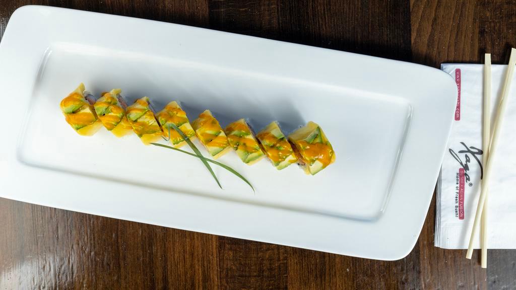 Spicy Mama Roll · Spicy crunchy shrimp, crab with mango, avocado on top and mango sauce.