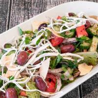 Fattoush “Greek” Salad · Romaine lettuce, tomatoes, cucumbers, onions, parsley, fresh mint, olives, halloumi, sumac, ...