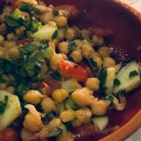Chickpea Salad · Chickpeas, tomato, cucumber, feta cheese, parsley, lemon, green onion, olive oil. GF, vegeta...