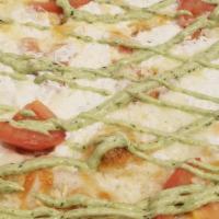 Pesto Fresh Mozzarella Pizza · Gourmet brick oven baked pizza with our in-house produced fresh mozzarella, roasted plum tom...