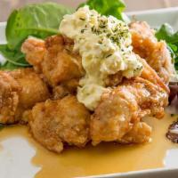 Fried Chicken Miyazaki Style · Marinated in garlic soy, deep-fried, served with sweet vinegar and tartar sauce.