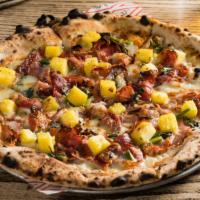 The Dick Dale · Béchamel, speck, fresh pineapple, grilled scallions and provel.