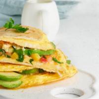 Cali Omelet · Tasty Omelet, made with 3 farm fresh eggs, and topped with Spinach, tomatoes, onions, mushro...