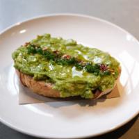 Avocado Smash · Topped with crunchy seeds, lemon zest and julienned radish.. Served with baby greens, thyme ...