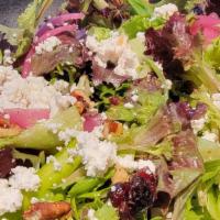 Spring Super Salad · Baby lettuce, pickled red onions, grilled asparagus, feta, chia seeds, avocado, dried cranbe...
