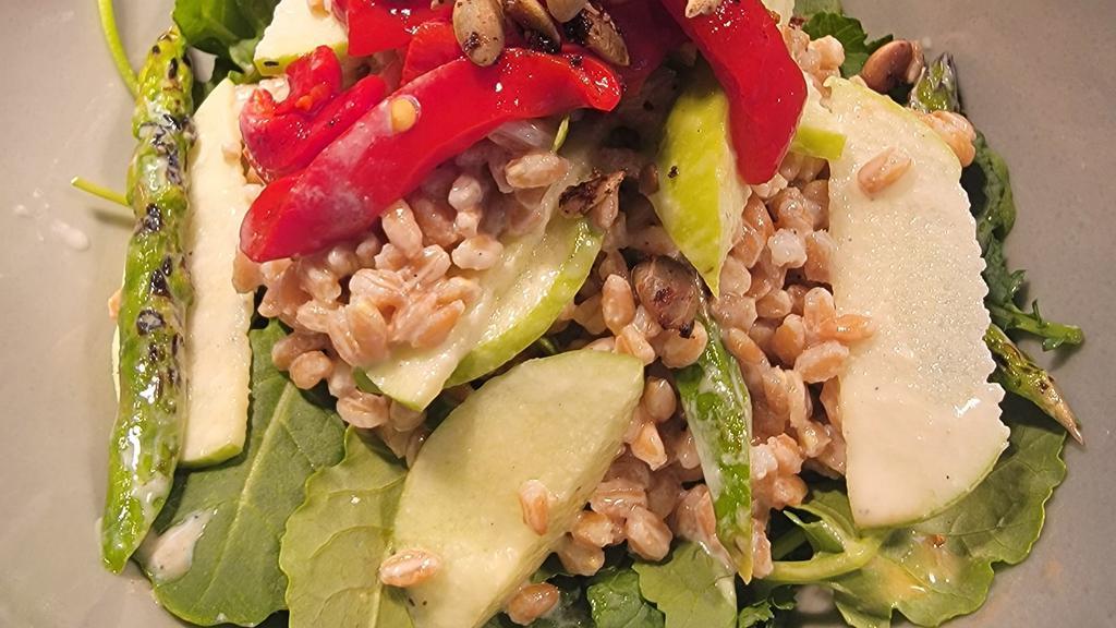  Grain Bowl · Grilled asparagus, farro, green apples, baby kale, piquillo peppers, paprika toasted seeds, lemon tahini dressing