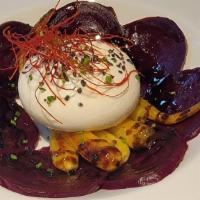 Burrata Salad · Roasted beets, grilled baby carrots, chili pepper strings, aged balsamic, black sea salt