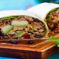Ground Beef Burrito · Flavorful ground beef, sauteed peppers, onions, tomatoes, Spanish rice, beans, and cilantro ...