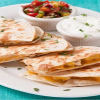 Cheese Quesadilla · Warm creamy Mozzarella cheese folded between a flour tortilla and served with a side of salsa.