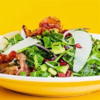 Summer Fling Salad · Arugula, avocado, red onions, pomegranate seeds, bacon, apple carpaccio, champagne vinaigrette