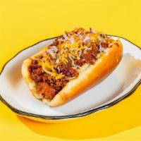 Chili Project Hot Dog · wagyu beef chili, diced red onions, shredded cheese