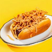 Frydom Fighter Hot Dog · bacon wrapped and fried hot dog, crispy onions, royal fry sauce mayo