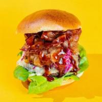 Urban Picnic Burger · creamy slaw, white cheddar, applewood smoked bacon, spicy baked apple relish, lettuce, spicy...