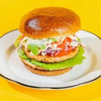 Go  Fish Burger · alaskan salmon burger, red onions, avocado, tomatoes, lettuce, pickled ginger, citrus mayo, ...
