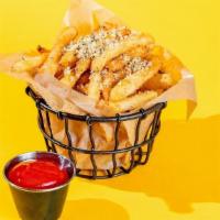 Truffle Fries · battered fries tossed in grated parmesan, truffle oil, tuscan herbs. served with side of ket...