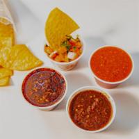 Salsa Package · Chips, Salsa Roja, Salsa Tatemada, Salsa Cacahuate (Contains Peanuts), and Pico de Gallo