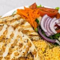 Grilled Chicken Kabab Platter · Deluxe platters are served with a green salad, French fries or rice, pita bread, and dressing.