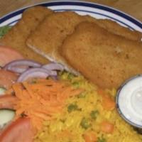 Fried Fish Platter · Halal. Flounder. Served with a green salad, French fries or rice, pita bread, and dressing.