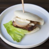 Butakaku Bao (Pork Belly) · Bun with tender pork belly, lettuce, egg and Japanese mustard mayo sauce.