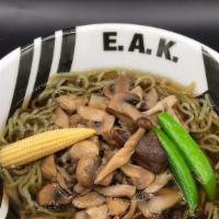 Umami Mushroom Shio · Umami dashi broth, spinach noodle, shoyu tare, shiitake, maitake, shimeji, and mushroom, top...