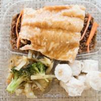 Salmon Teriyaki With Shumai · With white rice and vegetable.