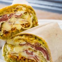 Breakfast Burrito · Egg whites, turkey bacon, guacamole, low-fat cheese, brown rice and chipotle sauce in a whea...