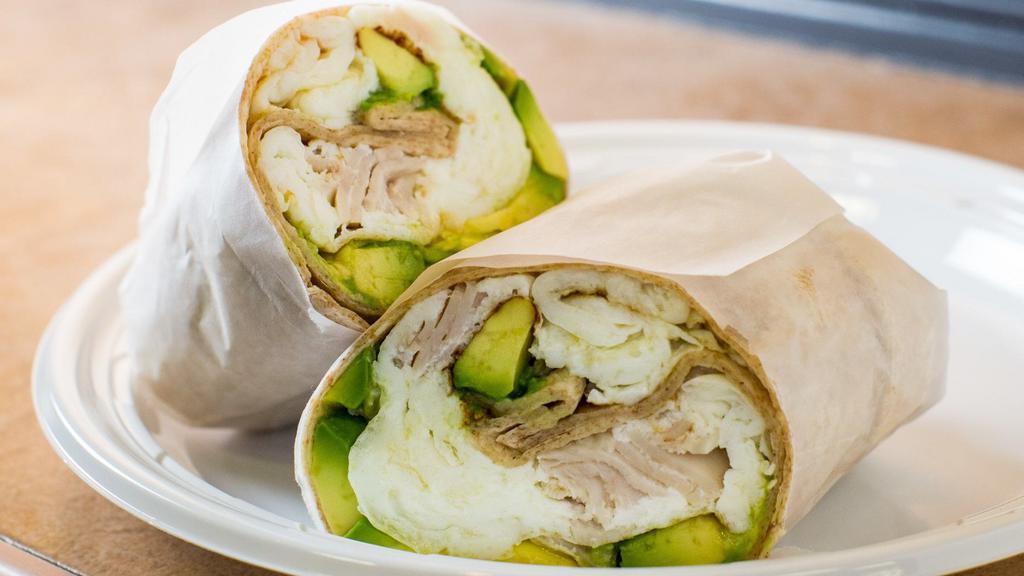 Turkey Avocado · Sliced deli turkey, egg whites and avocado in a whole wheat wrap.