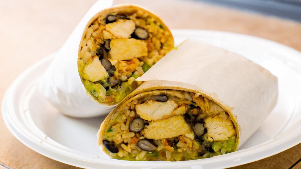 Bicep Burrito · Grilled chicken, brown rice, pico de gallo, black beans, guacamole, low-fat cheese, and hot sauce.