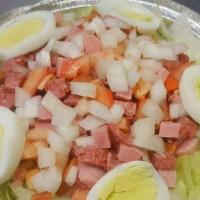 Chefs · Rolled ham, turkey, American and Swiss cheese, hard boiled egg, lettuce, tomato, carrots, cu...