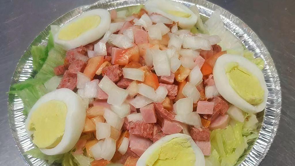 Chefs · Rolled ham, turkey, American and Swiss cheese, hard boiled egg, lettuce, tomato, carrots, cucumber, and dressing.