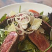 Steak Salad · Served with mixed greens, cherry tomatoes, shallots and balsamic dressing, with option of Pa...