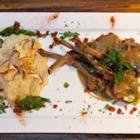 Lamb Chop Lollipops · Served with a mint sauce and garlic mashed potatoes.