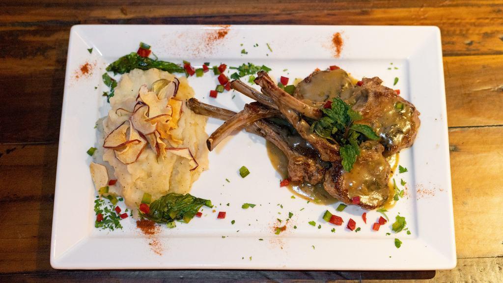 Lamb Chop Lollipops · Served with a mint sauce and garlic mashed potatoes.
