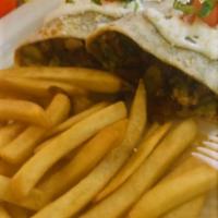 California Burrito · Choice of meat steak or chicken, salted onions, green peppers and side of French fries. Con ...